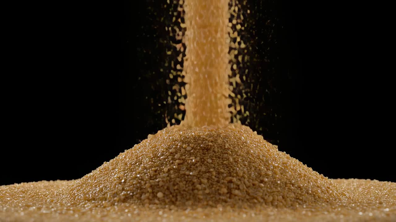 Falling tan granules column, gravity feeding mound on black backdrop, forming symmetric pile