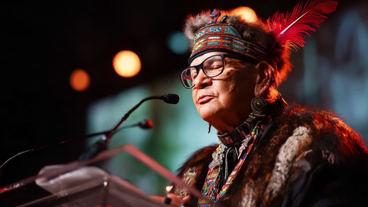 A Portrait of Wisdom: An Elderly Speaker in Traditional Attire at a Notable Event, Capturing the Essence of Heritage, Culture, and Community Leadership through Passionate Expression