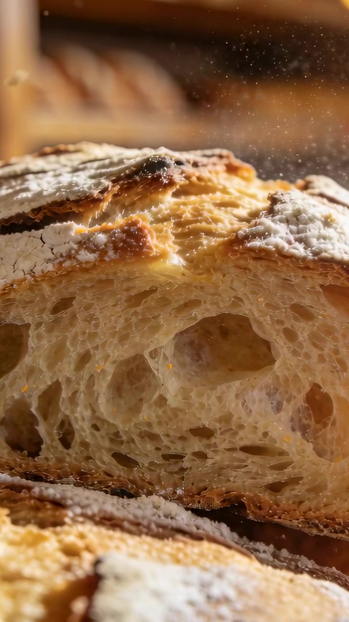 Video verticale: Mostra una pagnotta artigianale con mollica aperta e farina in una panetteria mentre una mano entra per selezionare.