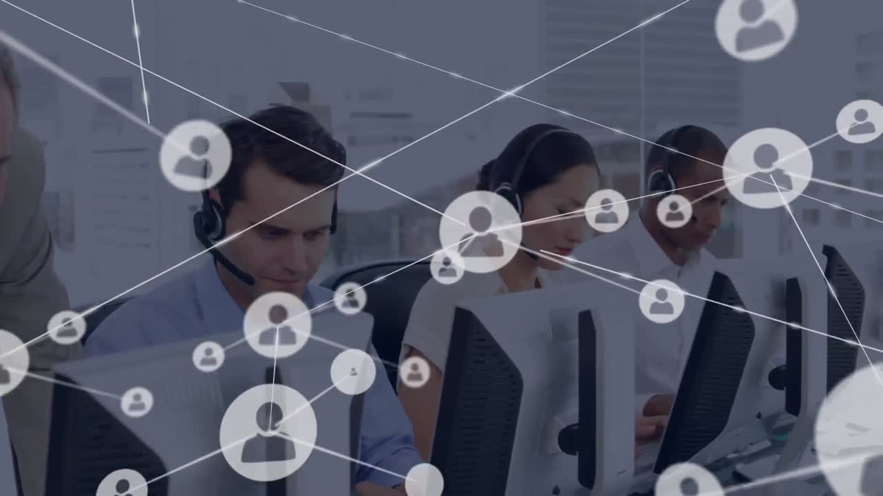 Animation of network of connection with icons over business people wearing phone headsets