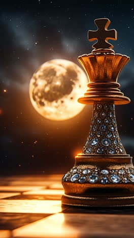 moonlit chess king piece. a chess king piece stands prominently against a moonlit sky, casting dramatic shadows on the chessboard.