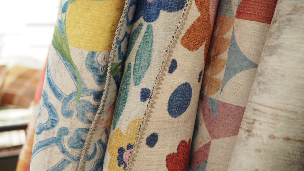 Rolled up patterned carpets