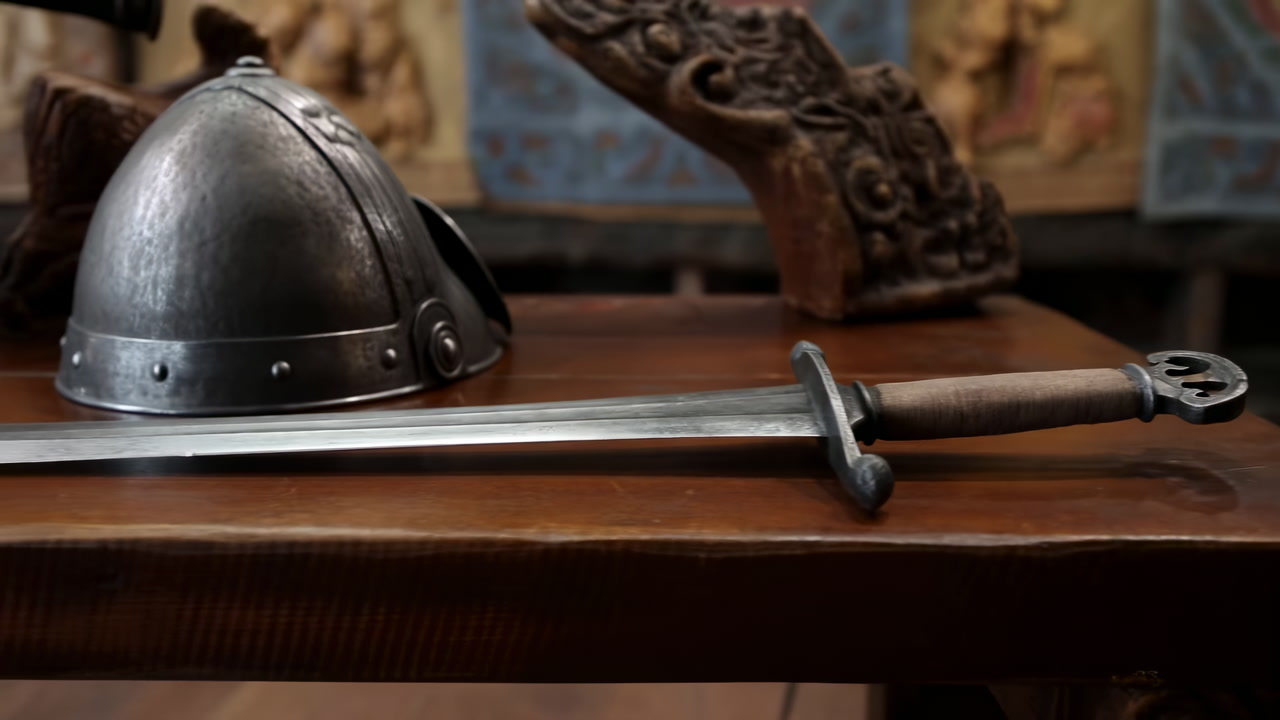 Metal Helmet And Sword On Wooden Table, Riveted Steel Helmet With Short Sword Hilt And Carved Dragon Backdrop,
