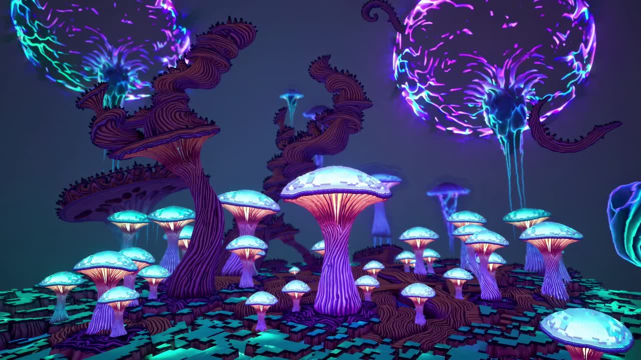 Luminescent fungi spreading intricate patterns across pixelated dreamscape, revealing mystical forest landscape with ethereal bioluminescent glow and surreal fantasy essence