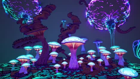 luminescent fungi spreading intricate patterns across pixelated dreamscape, revealing mystical forest landscape with ethereal bioluminescent glow and surreal fantasy essence