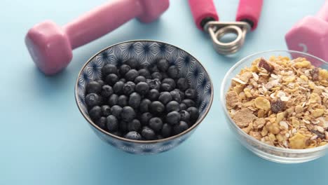 healthy breakfast with fitness accessories