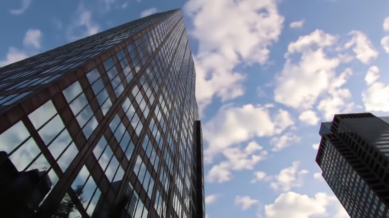 A Stunning Perspective of a Towering Skyscraper against a Beautiful Cloudy Sky, Capturing the Intricate Details of Glass and Architecture in Urban Landscapes