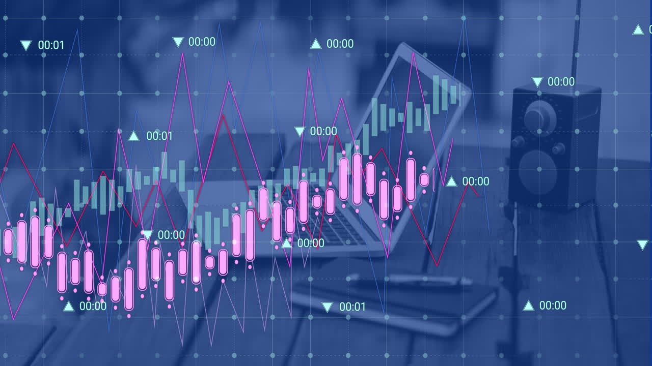 animazione dell'elaborazione dei dati su rete di griglia contro laptop e diario su tavolo di legno