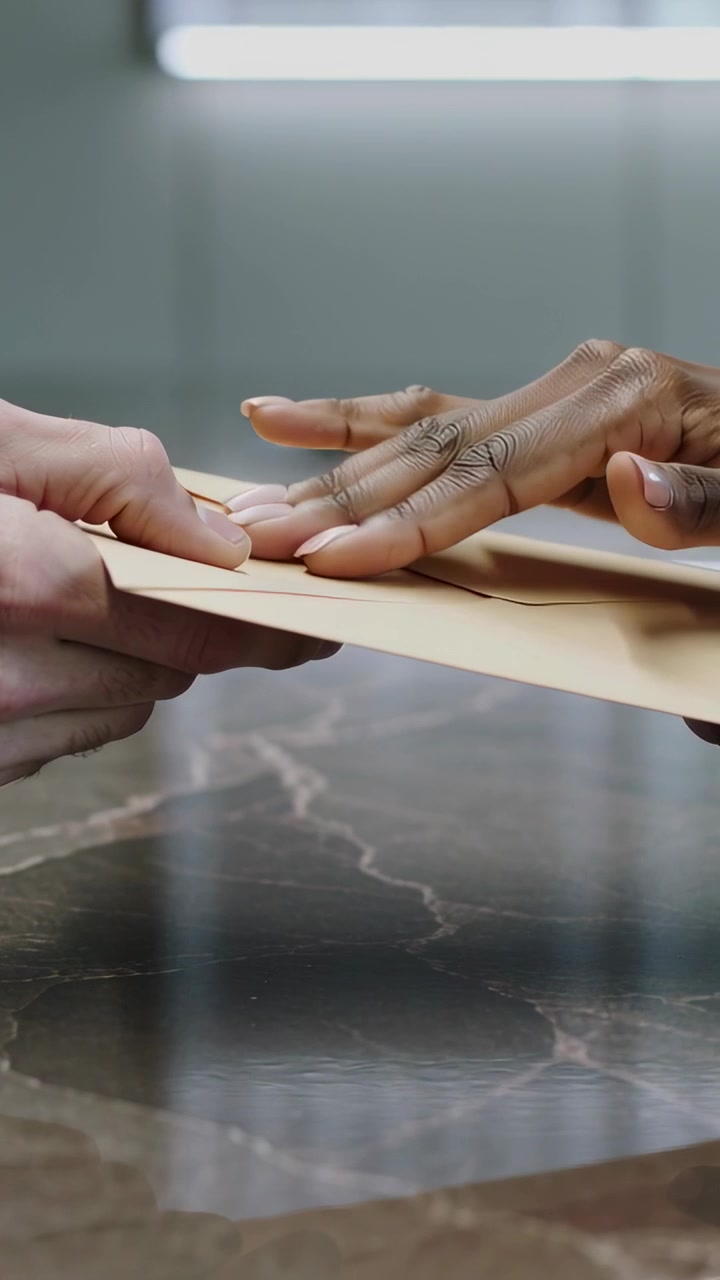 Vertical video: Hands meeting, right hand smoothing orange-lined manila envelope to seal at counter