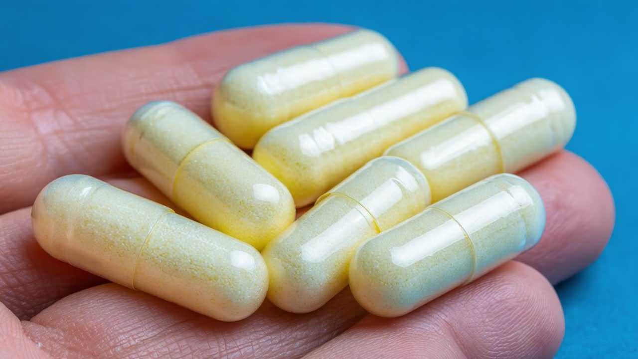 Uma visão em close-up de uma mão segurando várias cápsulas amarelas, mostrando sua superfície brilhante e formato arredondado contra um plano de fundo azul vibrante, destacando seu propósito nutricional ou medicinal