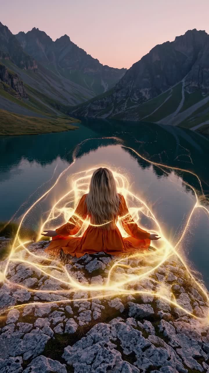 Serene blonde woman practicing lotus meditation beside tranquil mountain lake, golden energy radiating during vibrant sunset, embracing peaceful connection with natural landscape