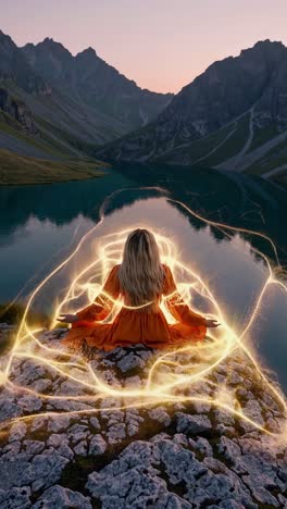 serene blonde woman practicing lotus meditation beside tranquil mountain lake, golden energy radiating during vibrant sunset, embracing peaceful connection with natural landscape