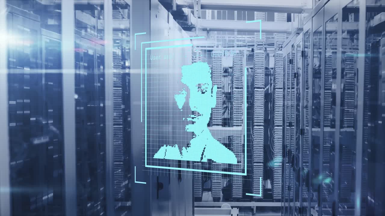 Animation af databehandling og biometrisk foto over computerservere