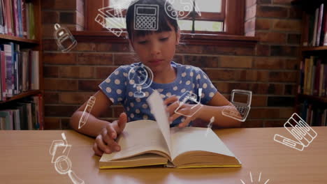 animación de objetos escolares iconos sobre escolares biraciales leyendo libros en la biblioteca