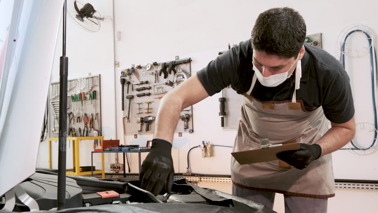 mecánico masculino hispano quita y luego reemplaza la tapa de aceite durante la inspección