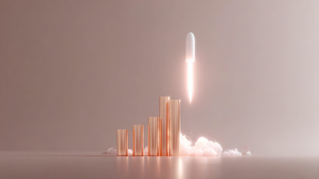 A sleek rocket launches from a stylized platform of copper tubes, symbolizing growth and innovation. The contrasting colors evoke a sense of progress and breakthrough in technology