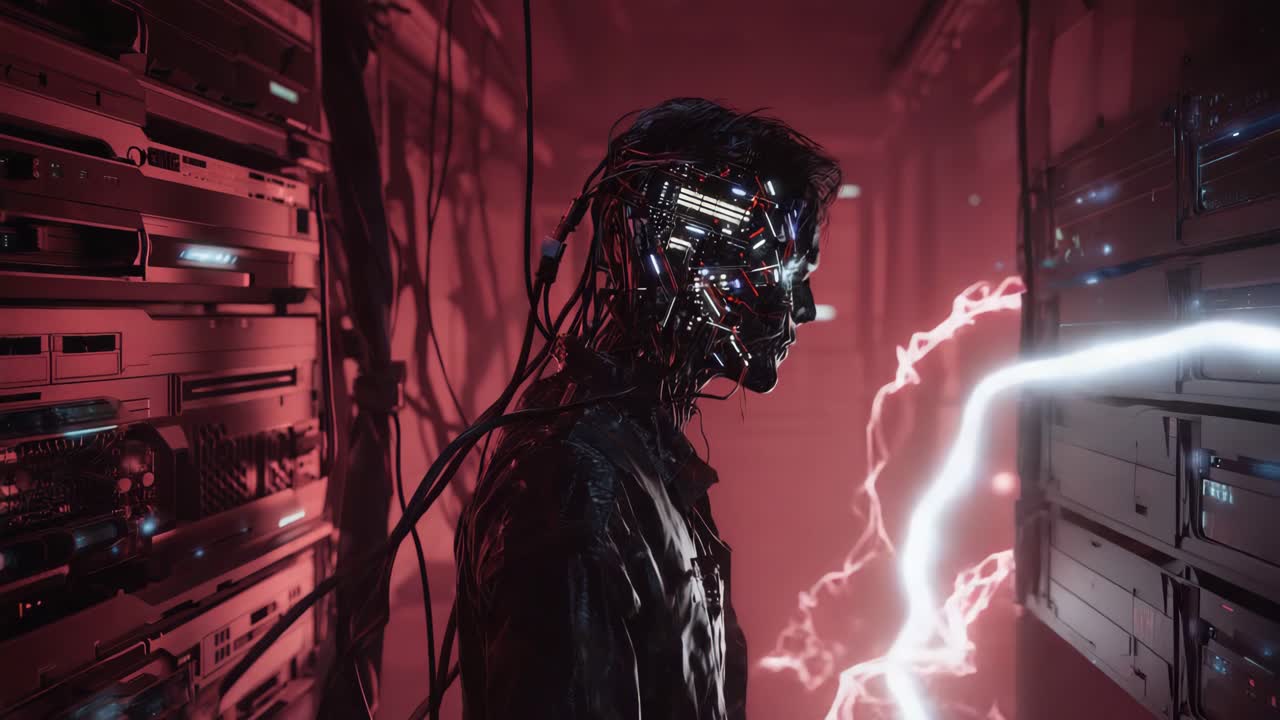 Cyborg Figure in a Server Room with Electrical Discharge