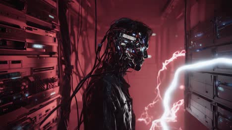 cyborg figure in a server room with electrical discharge
