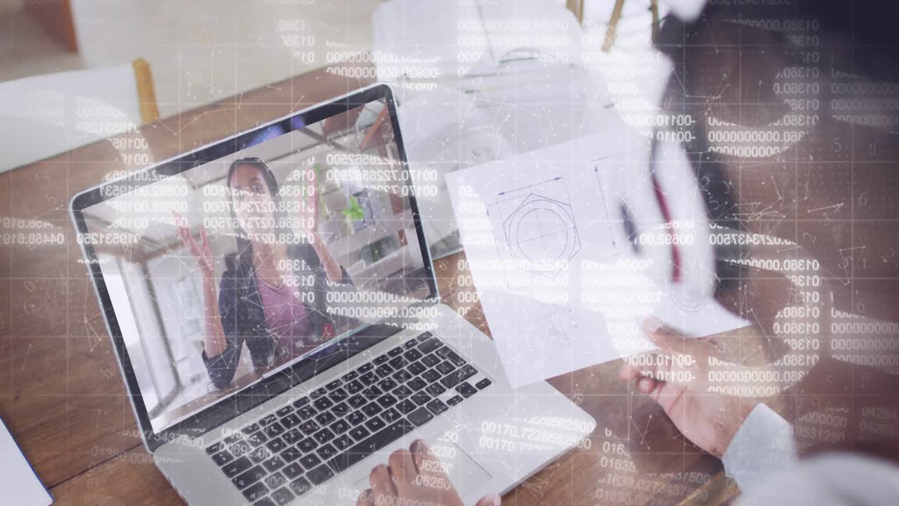 Remote host speaking triggers engineer moving printout, using laptop for tech review, code overlay