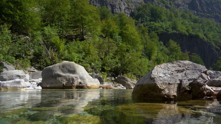 Superficie tranquilla dell'acqua del fiume che riflette grandi scogliere e alberi verdi sulle montagne alpine.