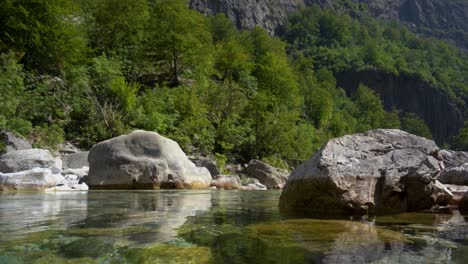 tranquil river water surface reflecting big cliffs and green trees on alpine mountains