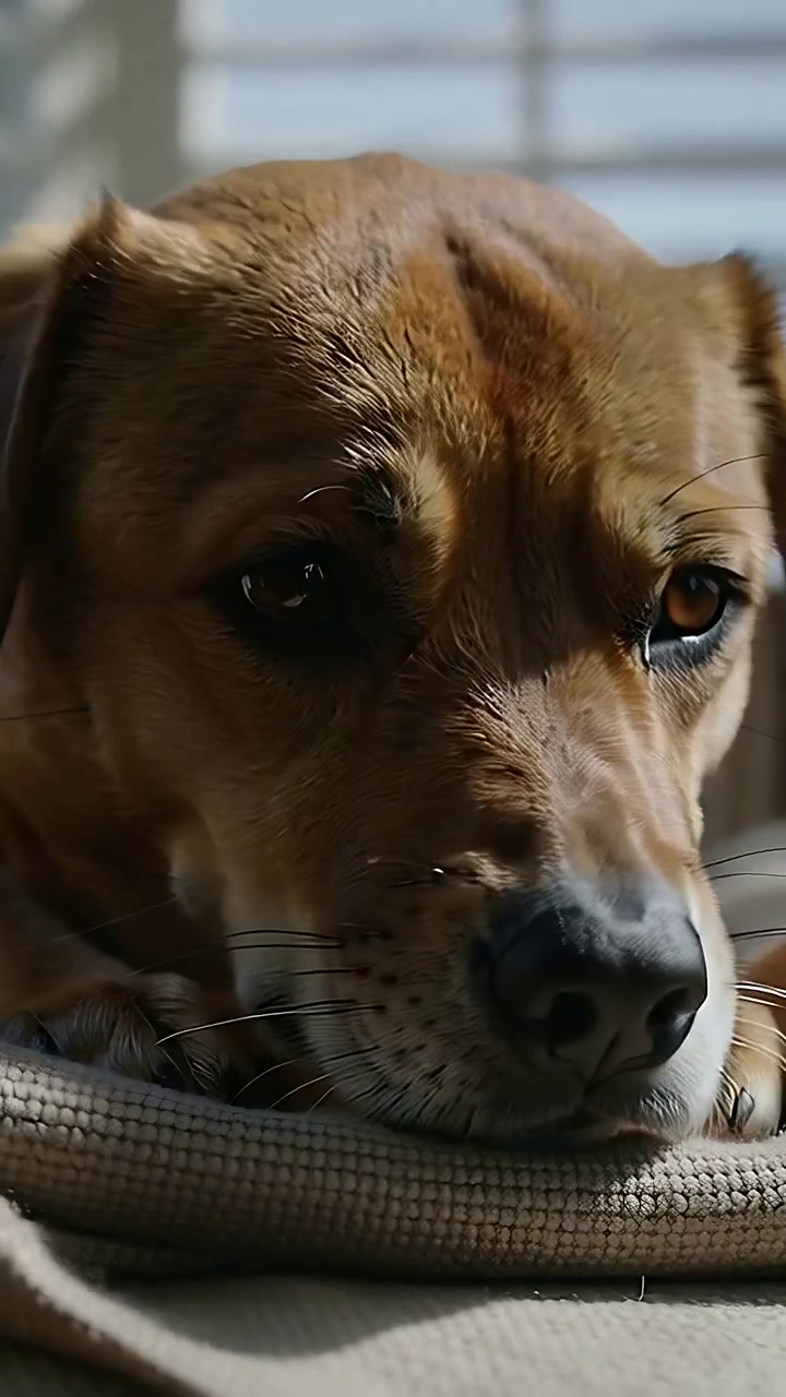 Vídeo vertical: Cão marrom reagindo ao sol, levantando a cabeça e mudando o olhar no sofá com persianas de almofada