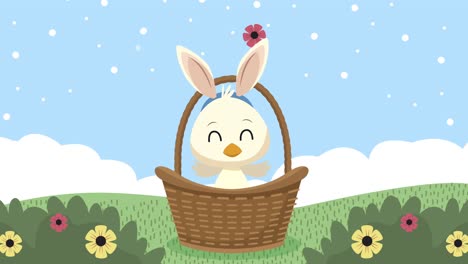 animación de pascua con pato con orejas conejo en la canasta