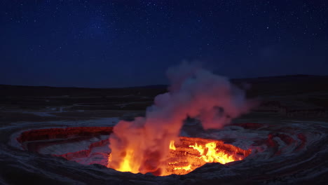 volcanic crater spewing molten lava and smoke at night