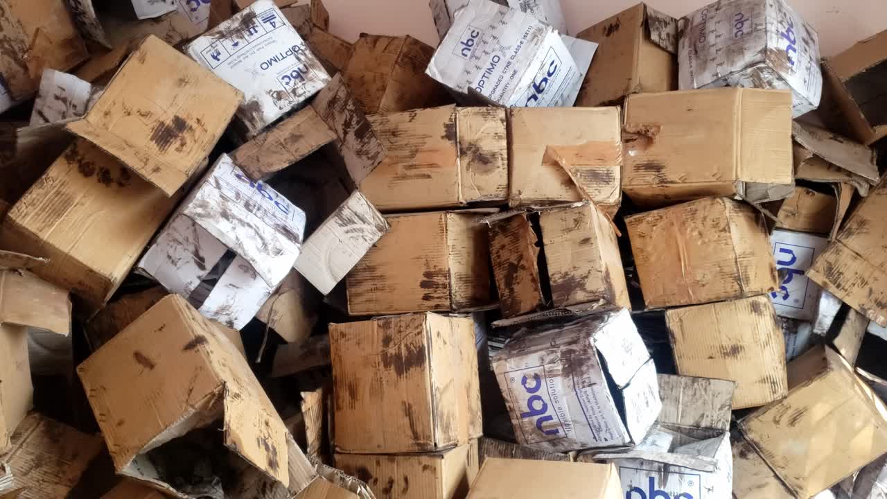 Footage shows a stack of train wheelset bearings boxes labeled each displaying visible signs of wear from transportation.