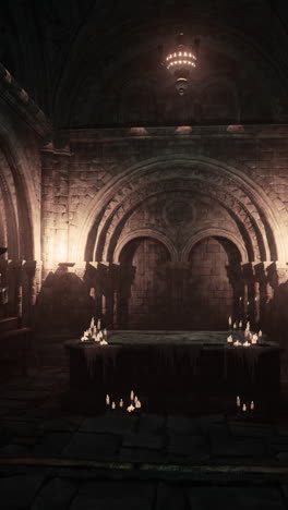 dark and eerie stone room with candles