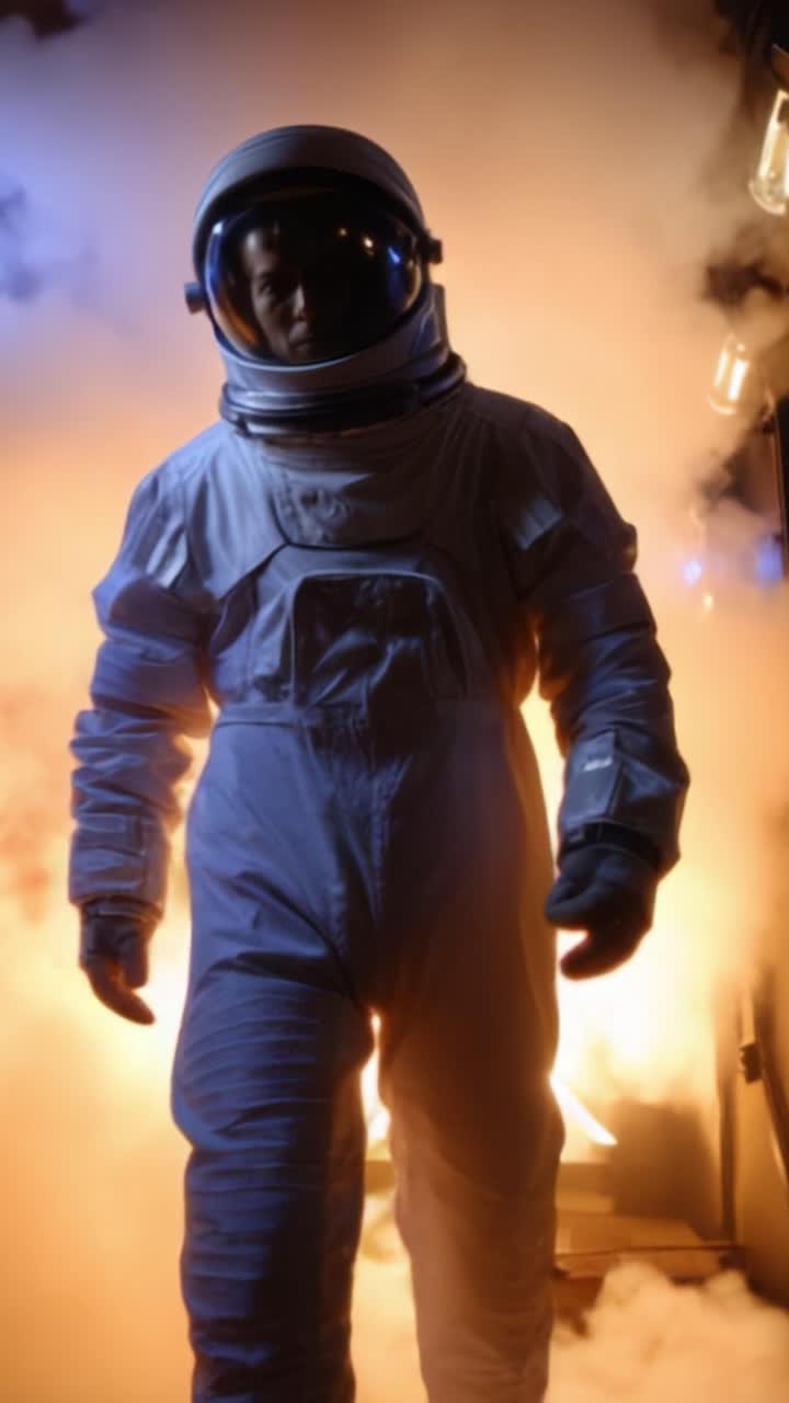 An astronaut steps forward through a dramatic backdrop of smoke and light, highlighting the intensity and anticipation of a space mission or launch event