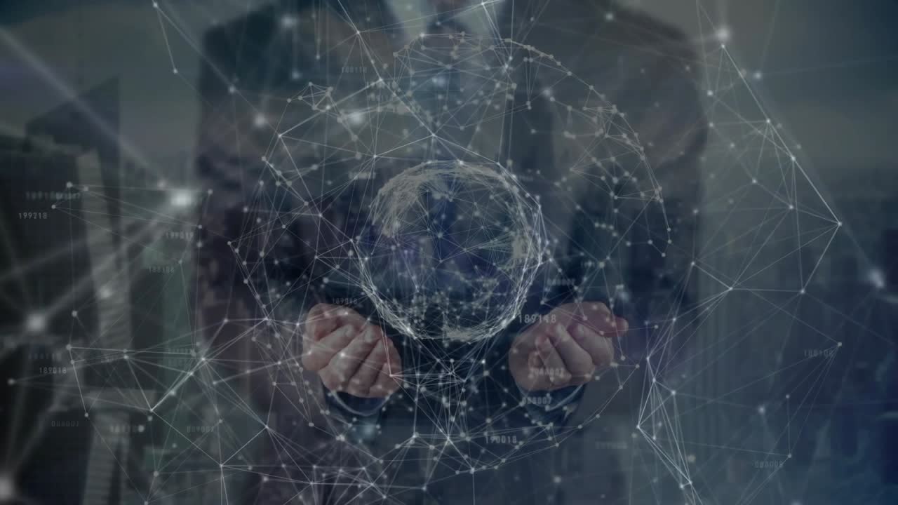 Network intensifying, suited presenter cupping hands, forming rotating globe showing data flow