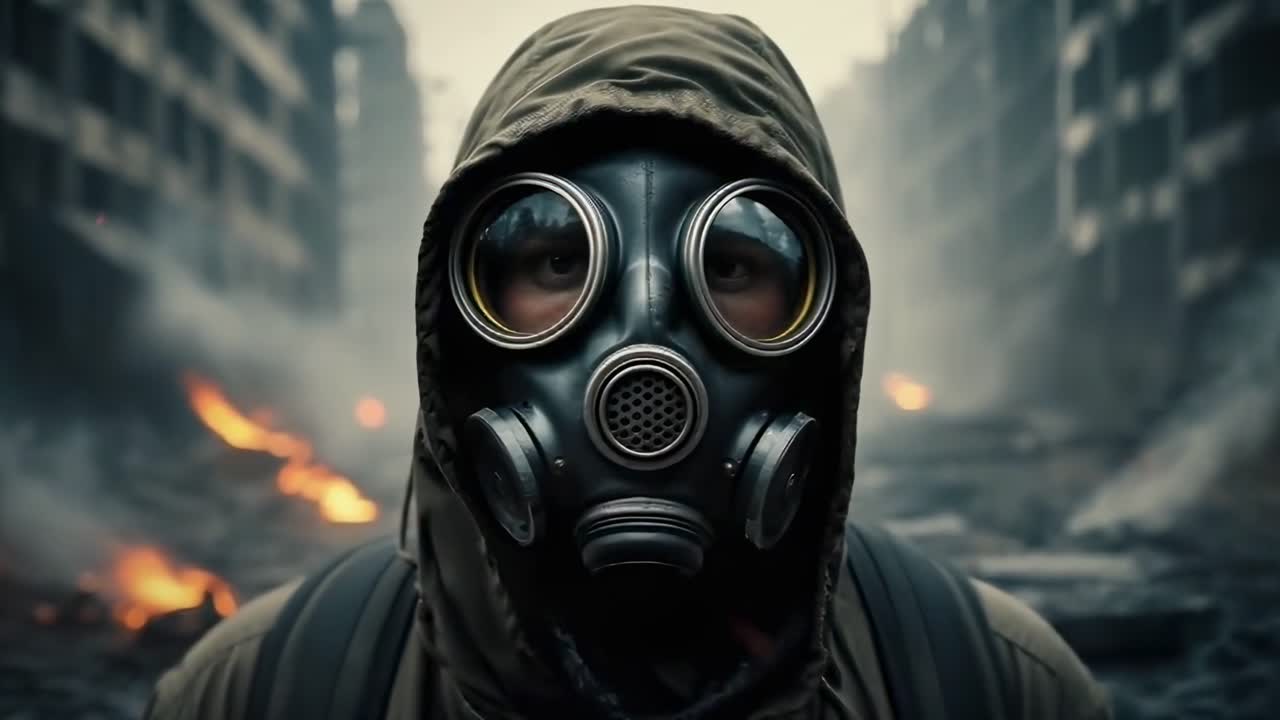 Dramatická video scéna osoby v plynové masce uprostřed městských ruin, natočená z úrovně očí.