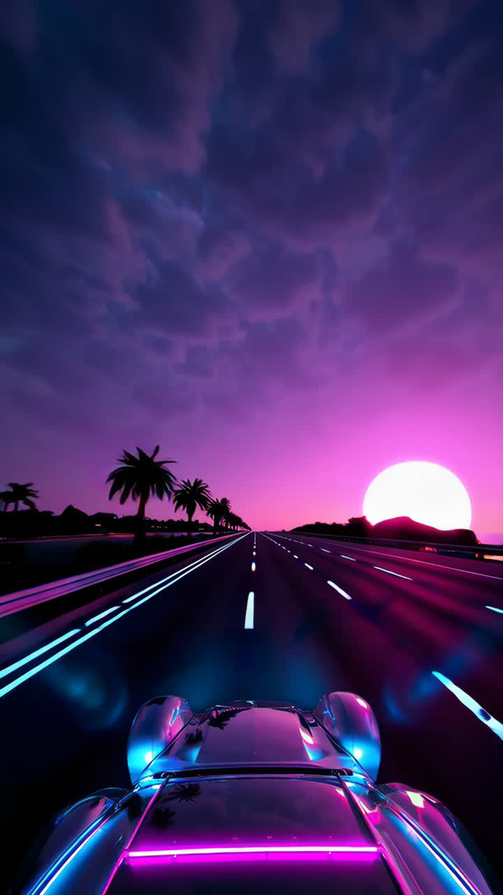 Viaggio on the road retrofuturistico al tramonto