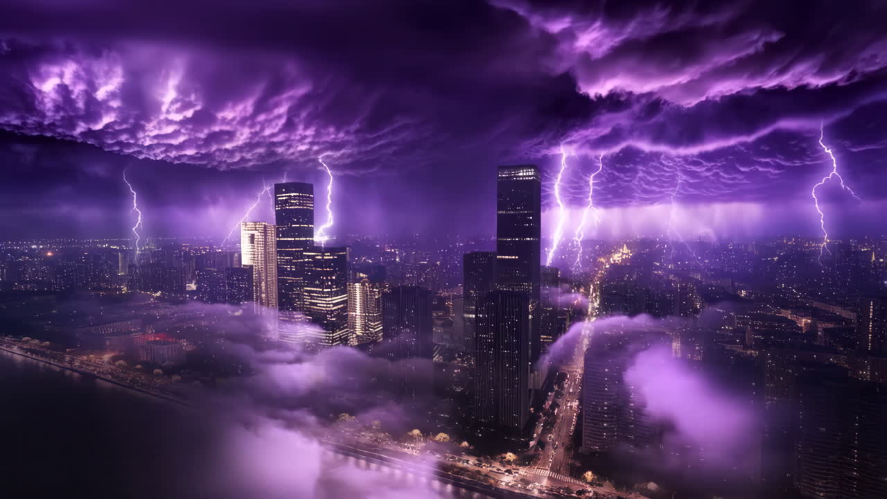 Dramatic Purple Thunderstorm Over a City Skyline at Night