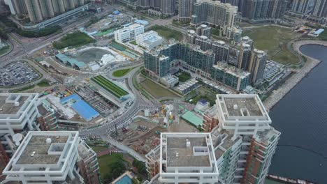 drone footage of tseung kwan o city, hong kong