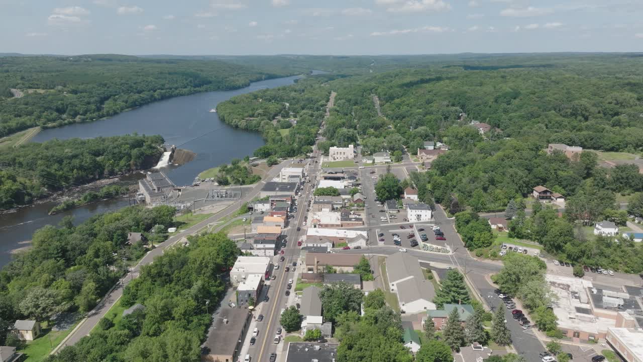 Aerial View Of St. Croix Falls Town Along The St. Croix River In Polk County, Wisconsin, United States