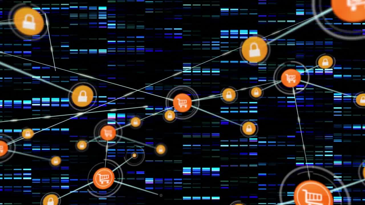 Animation of network of connections with icons over moving columns on black background