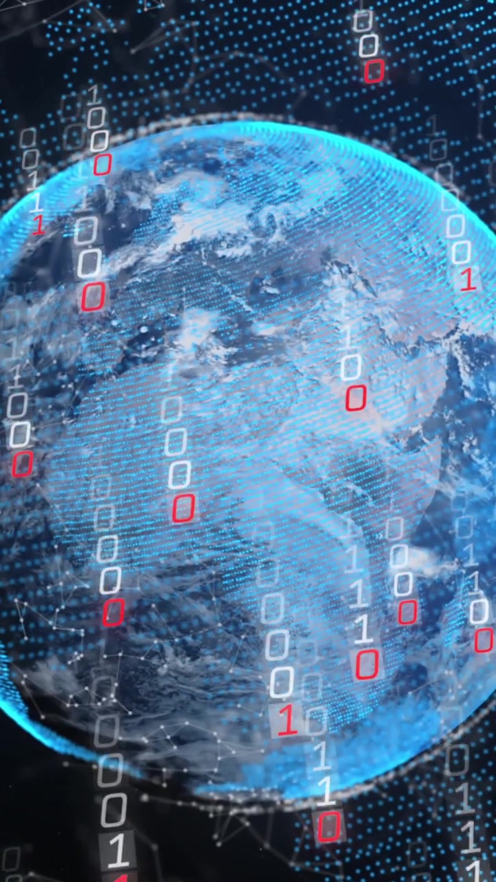 Animation of glitched falling binary codes over connected dots around globe on black background