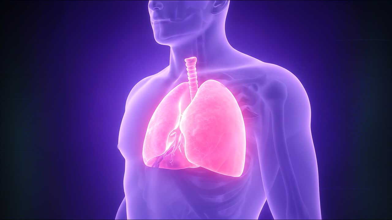 Animazione 3D di polmoni umani che ruotano in un torso traslucido