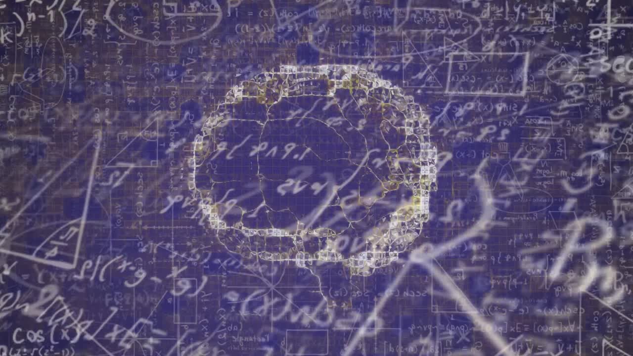 animación del cerebro y ecuaciones matemáticas en fondo azul