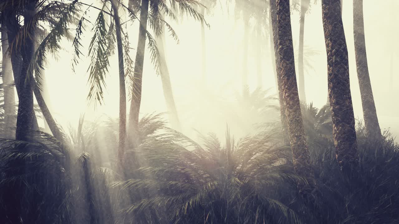 coconut palms in deep morning fog