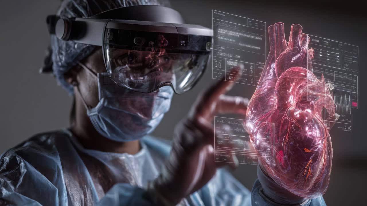 A healthcare professional utilizes augmented reality technology to analyze a holographic model of a human heart, showcasing the integration of advanced medical technology and patient care in innovative ways