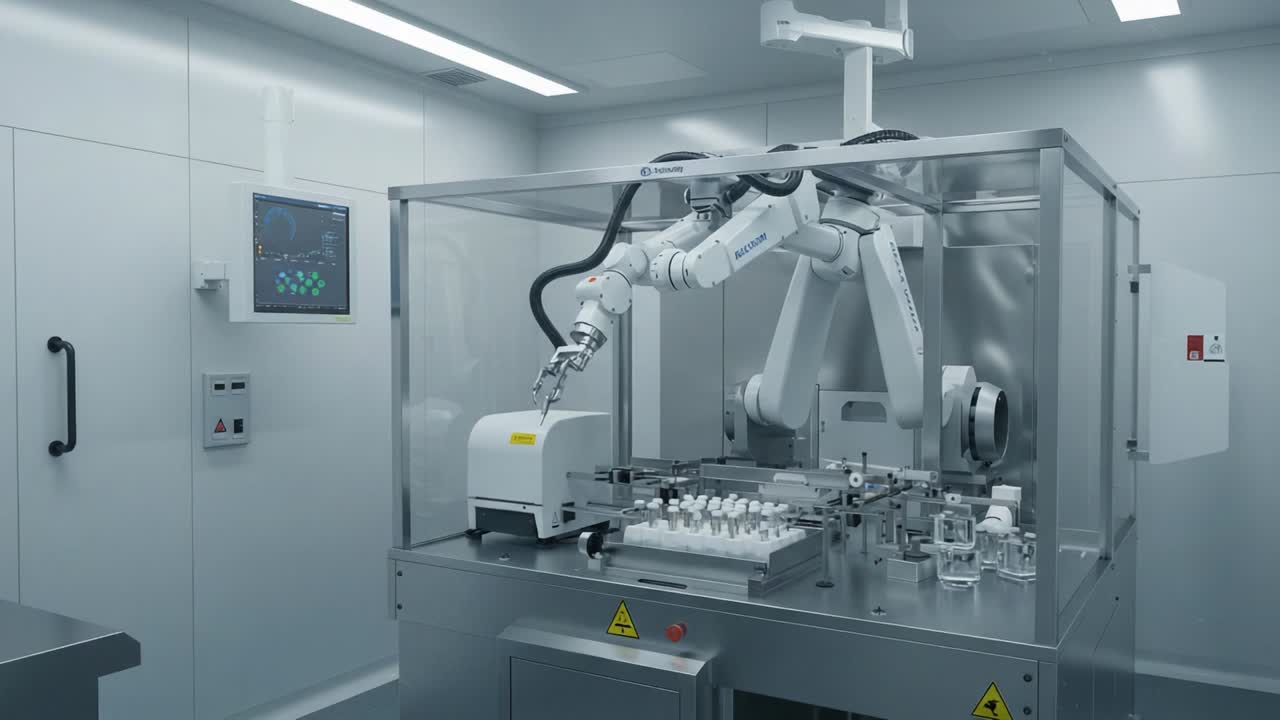Advanced Robotic Arm in a High-Tech Cleanroom Environment Executing Precision Tasks with Automated Equipment for Enhanced Efficiency and Accuracy