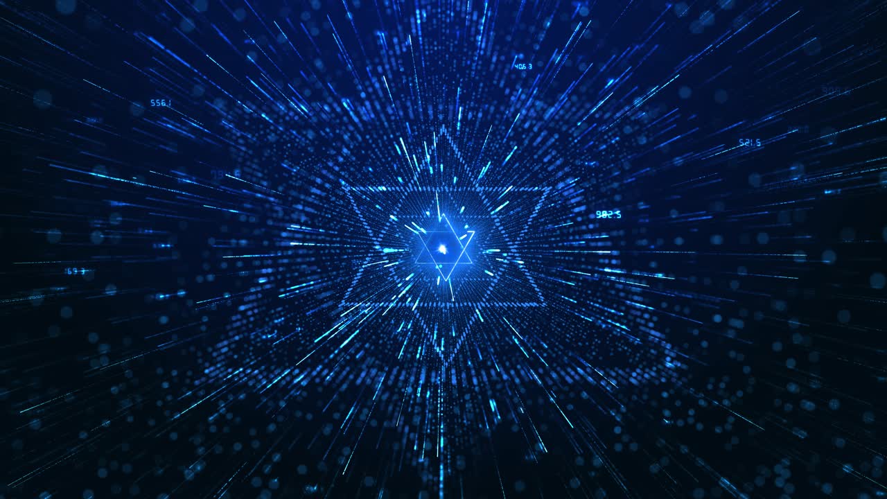 Glowing blue light particles geometric star core high speed digital tunnel effect abstract