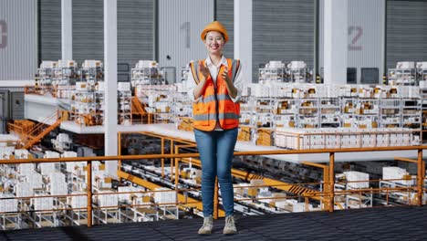 full body of asian female engineer with safety helmet standing in the warehouse with shelves full of delivery goods. smiling to the camera and clapping hands in the storage