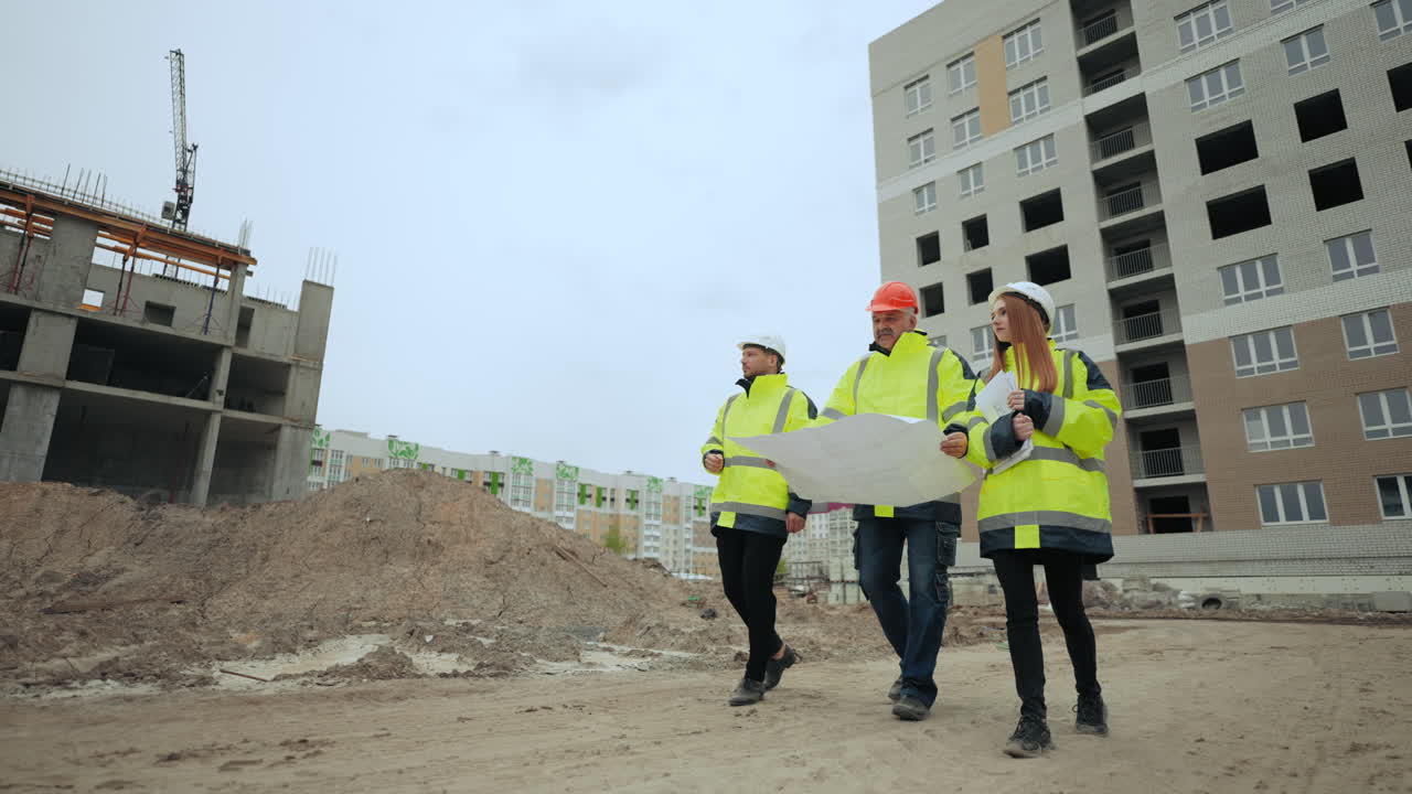 grupo de construcción profesional está inspeccionando la construcción moderna de un complejo residencial o inmueble