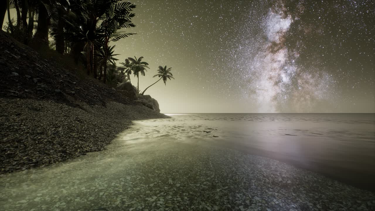 hermosa playa tropical de fantasía con estrellas de la vía láctea en el cielo nocturno