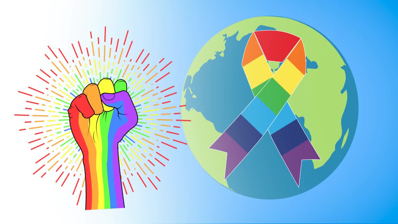파란색 배경에 무지개 리본과 지구를 가진 무지개 주먹의 애니메이션