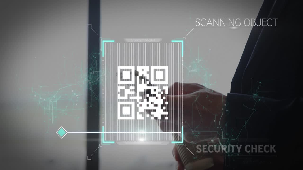 Animation of white QR code scanning with blue web of connection over man
